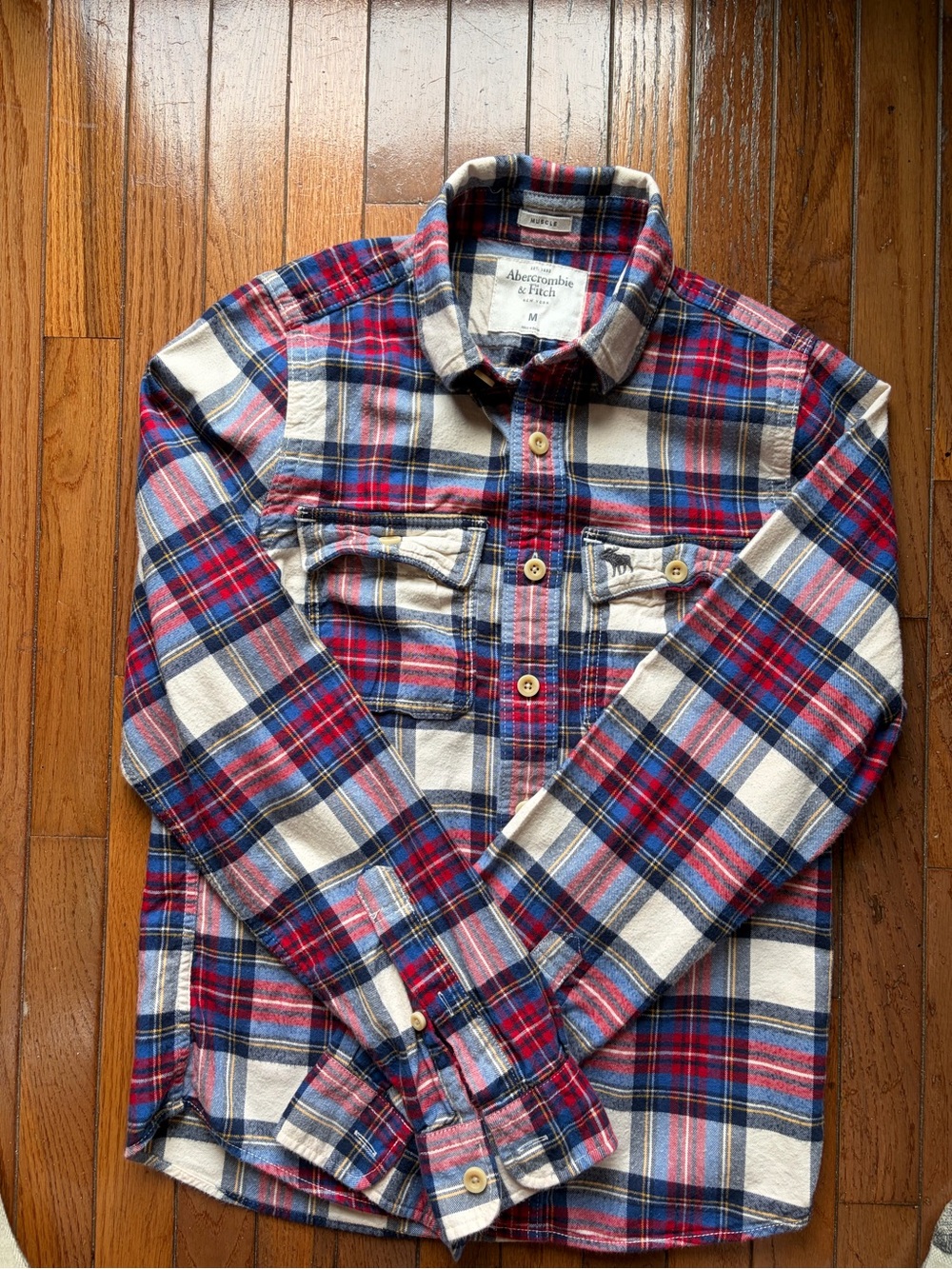 Abercrombie & Fitch Red, Blue and Cream Plaid Button-Down Shirt